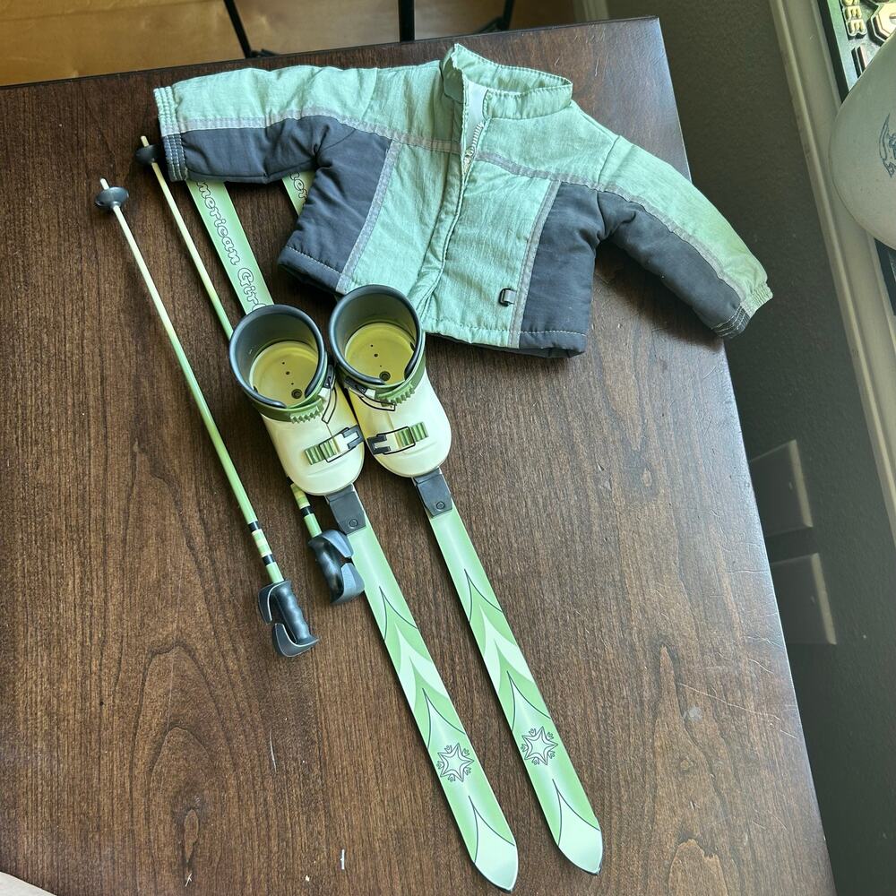 Retired American Girl Doll Downhill Ski Jacket Skis and poles from 2000 green